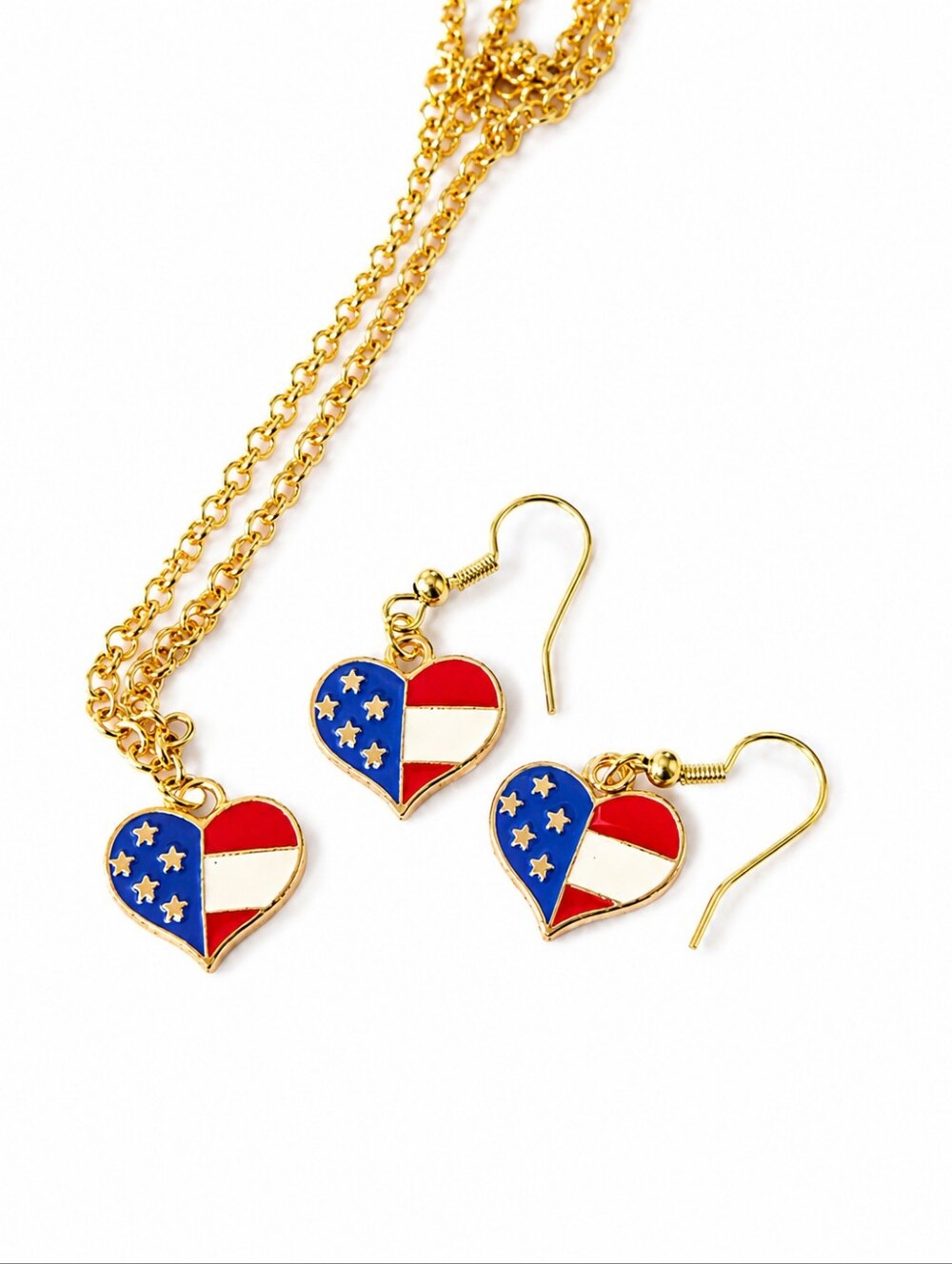 Handmade Patriotic USA Flag Heart Necklace & Earrings Set Red White Blue America